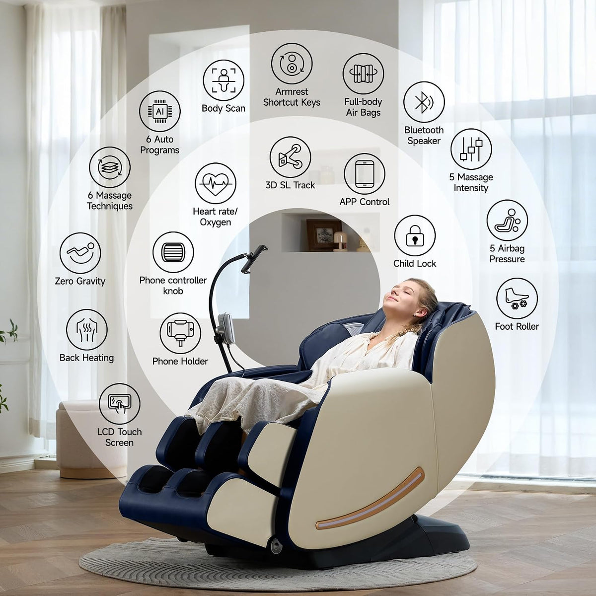 Massage Chair Full Body with Unique Phone Controller,Heart and Blood Measurement, Zero Gravity 3D Sl-Track Recliner with APP Control, Child Lock,Pause Button, Back Pad, Favor-06, Blue