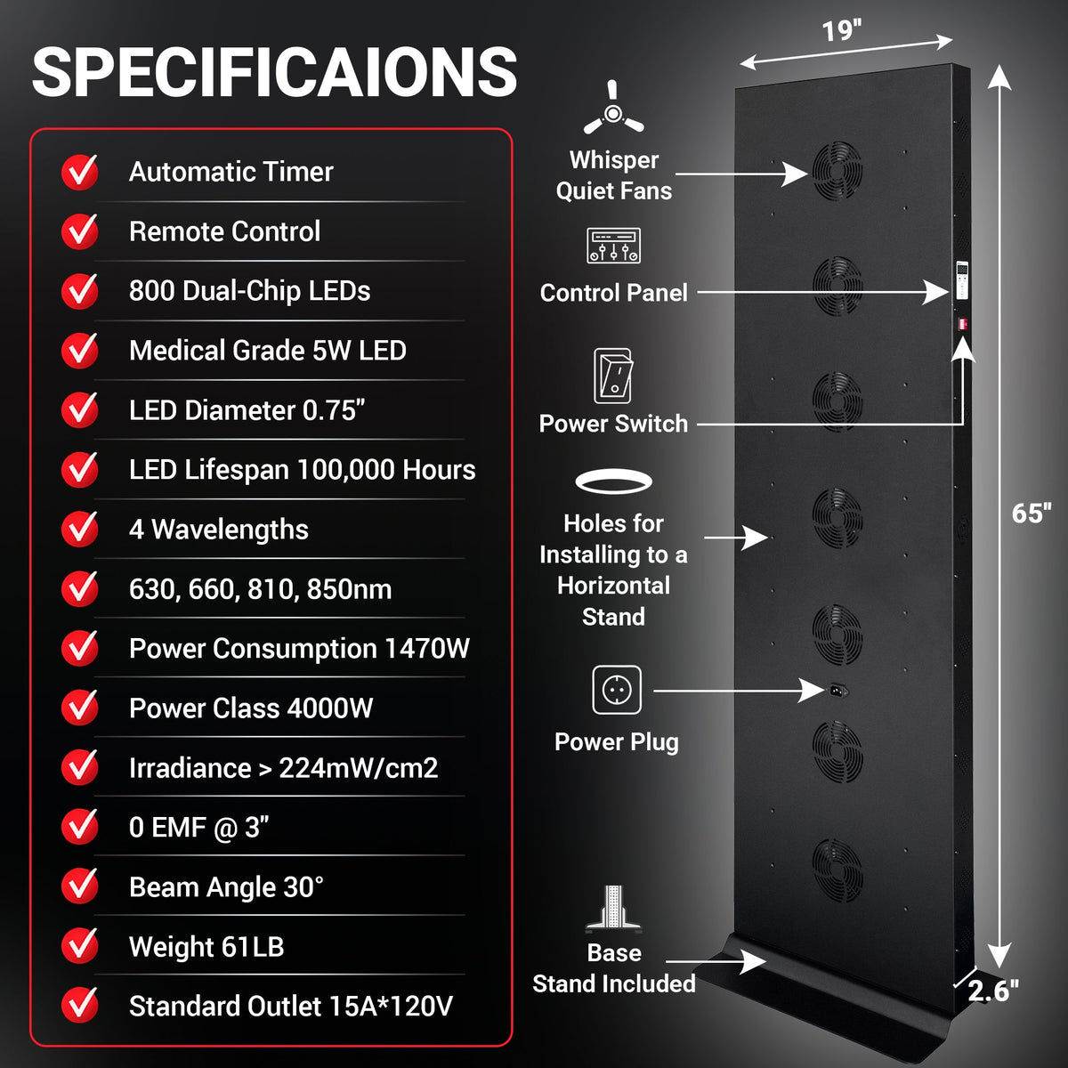 EXESAS 800 LED Red and Near-Infrared Light Panel, 4 Wavelengths 630/660/810/850 nm, Dual-Chip 5 W LEDs, 65 x 19 in. Full-Body Panel with Base Stand, Remote and Timer (1000 W)