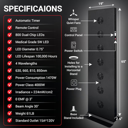 EXESAS 800 LED Red and Near-Infrared Light Panel, 4 Wavelengths 630/660/810/850 nm, Dual-Chip 5 W LEDs, 65 x 19 in. Full-Body Panel with Base Stand, Remote and Timer (1000 W)