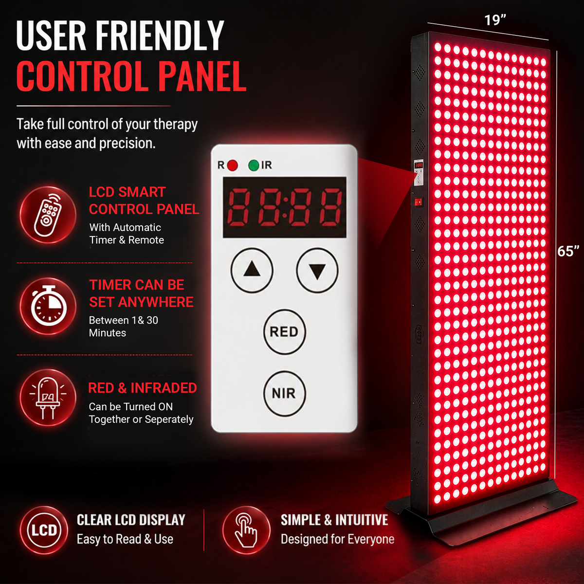 EXESAS 800 LED Red and Near-Infrared Light Panel, 4 Wavelengths 630/660/810/850 nm, Dual-Chip 5 W LEDs, 65 x 19 in. Full-Body Panel with Base Stand, Remote and Timer (1000 W)