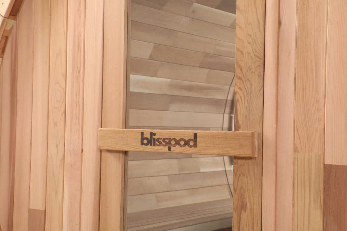 Blisspod Prague Canadian Red Cedar Outdoor Steam Barrel Sauna with Full Glass Back, Front Porch Seating and 6 kW Toule Heater, 70.87 in. Diameter