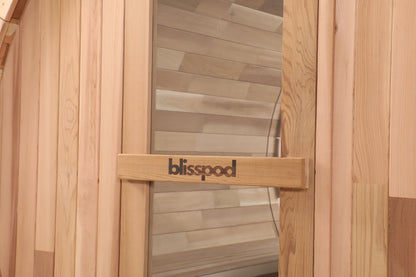 Blisspod Prague Canadian Red Cedar Outdoor Steam Barrel Sauna with Full Glass Back, Front Porch Seating and 6 kW Toule Heater, 70.87 in. Diameter