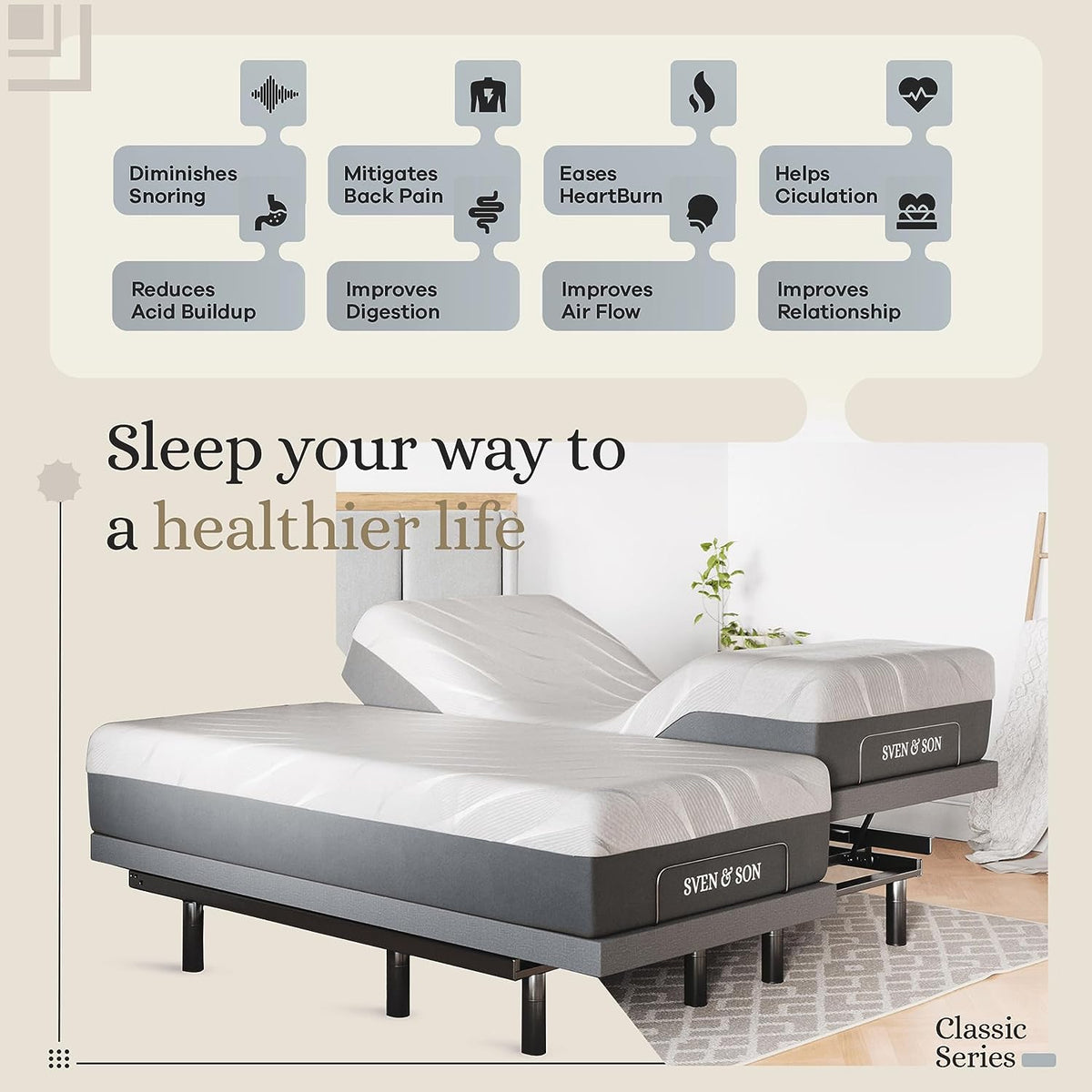 Sven & Son Classic Adjustable Bed Base, Head and Foot Lift, Massage, Under-Bed Lights, USB, Gel Memory, Zero Gravity Smart Frame - Split King + 14 Inch Hybrid Spring Matt (Medium Soft)