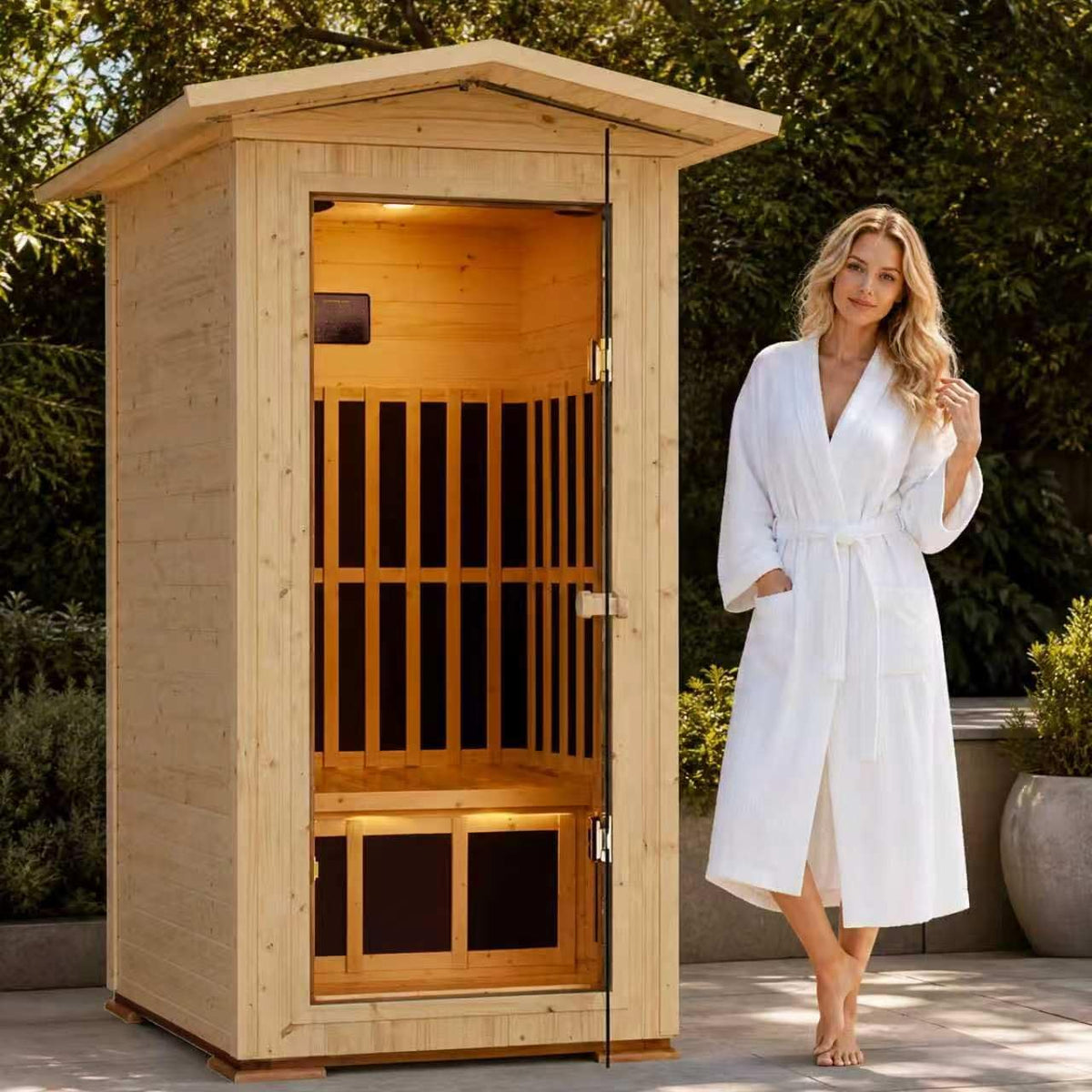 Outdoor Sauna Far Infrared 1550W for One Person Finland Spruce Wood