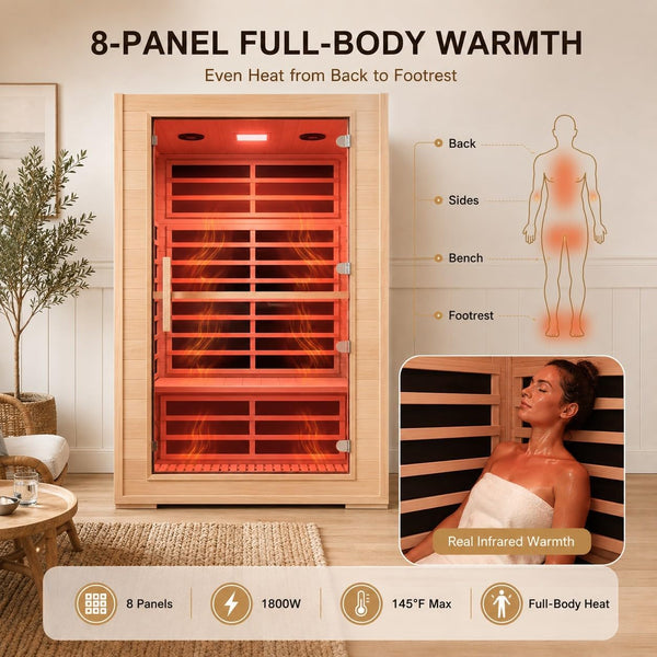 2-Person Far Infrared Sauna with Smart App Control, 8 Low-EMF Carbon Mica Heaters, Canadian Hemlock, 2000W