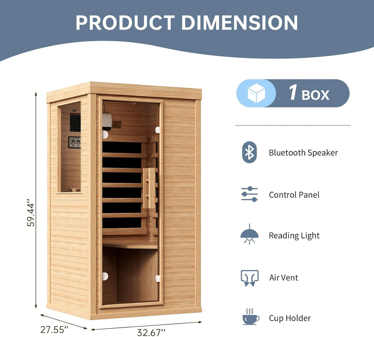 Wood Infrared Sauna, 1 Person Traditional Home Sauna