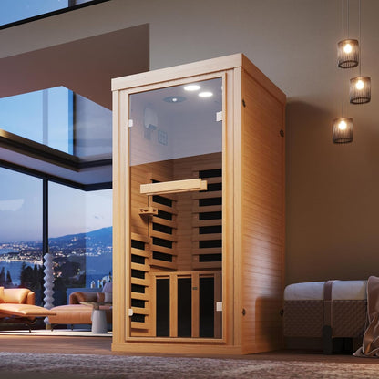 Wood Infrared Sauna Room, 1 Person Traditonal Sauna with Red Light
