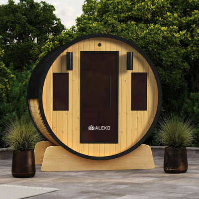 ALEKO 3–4 Person Outdoor White Finland Pine Traditional Wet/Dry Barrel Sauna with Black Accents, 4.5 kW Harvia Heater and Tinted Glass Door (SB4PINEBLK-AP)
