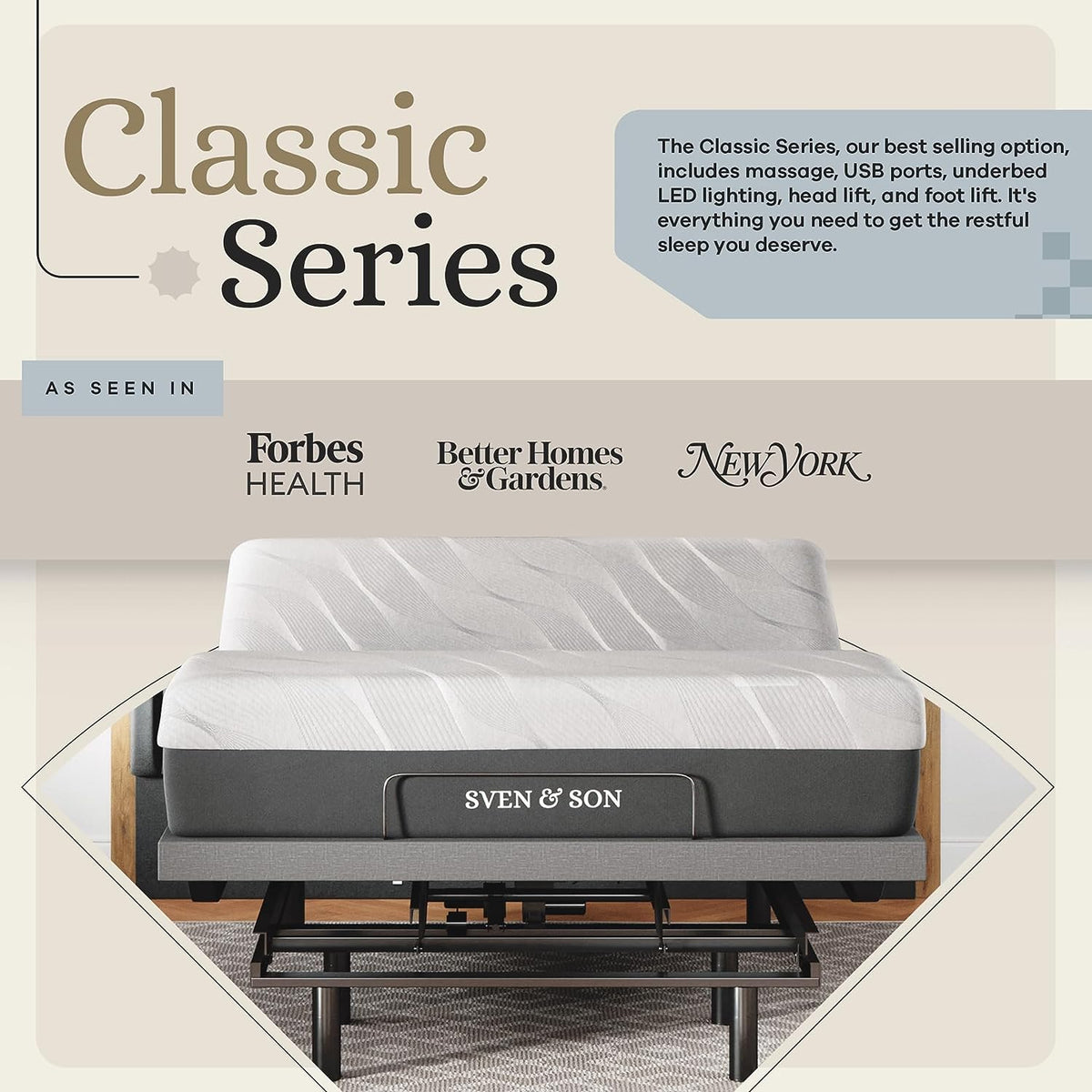 Sven & Son Classic Adjustable Bed Base, Head and Foot Lift, Massage, Under-Bed Lights, USB, Gel Memory, Zero Gravity Smart Frame - Queen + 10 Inch Memory Foam Matt (Firm)