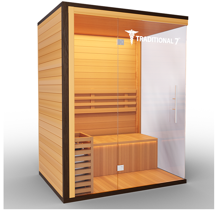 Medical Sauna Traditional 7 3-Person Indoor Steam Sauna, Canadian Hemlock with Two-Wall Glass Design, 4.5 kW Heater and LED Touch Controls