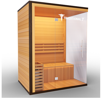 Medical Sauna Traditional 7 3-Person Indoor Steam Sauna, Canadian Hemlock with Two-Wall Glass Design, 4.5 kW Heater and LED Touch Controls