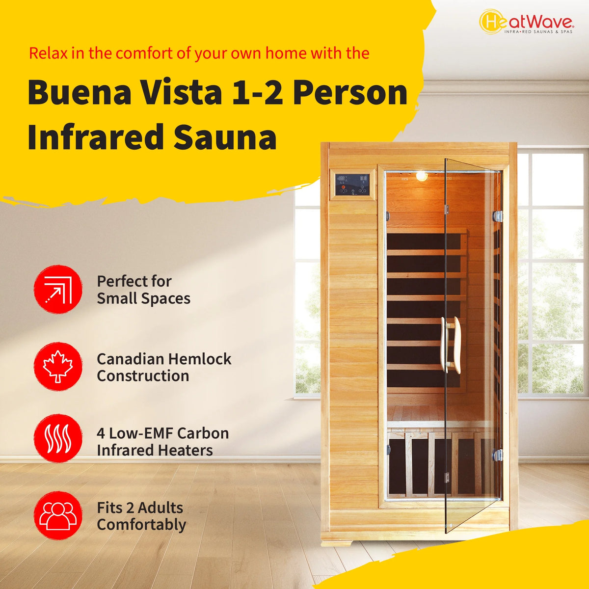 1-2-Person Infrared Sauna Room with 4 Low-Emf Carbon Heaters, Audio System, Canadian Hemlock