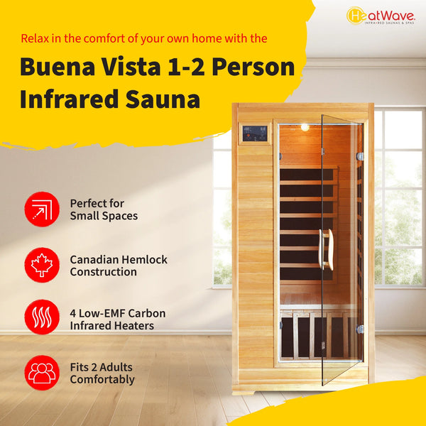 Canadian Hemlock FAR Infrared Sauna, 1-2 Person, 4 Low-EMF Carbon Heaters & Audio System