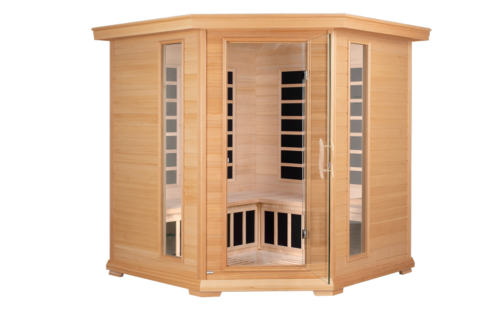 Blisspod Vienna 4-5 Person Corner Far Infrared Sauna with 12 Low-EMF Carbon Heaters, Canadian Hemlock