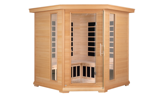 Blisspod Vienna 4-5 Person Corner Far Infrared Sauna with 12 Low-EMF Carbon Heaters, Canadian Hemlock