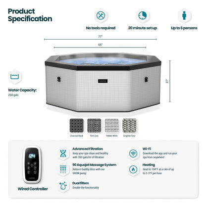 Wave Como 6-Person Octagonal Eco Foam Hot Tub with Built-In Heater, 90 Bubble Jets and Wi-Fi App Control