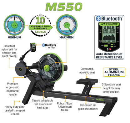 Dynamic Fluid Fitness M550 Commercial Water Rowing Machine, 10-Level Side-Mounted Twin Tank, Bluetooth Monitor, Elevated Seat, 330 lb Capacity