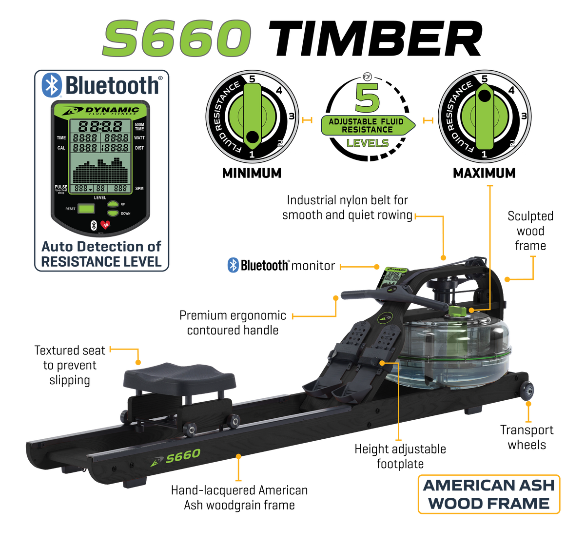 Dynamic Fluid Fitness S680 Timber Water Rowing Machine, American Ash Frame, 5-Level Twin Tank Fluid Resistance, Bluetooth Monitor, Belt Drive, 330 lb