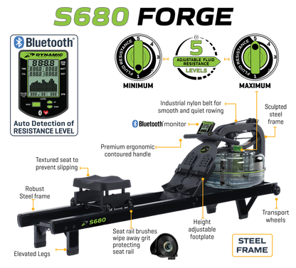 Dynamic Fluid Fitness S660 Forge Water Rowing Machine, 5-Level Twin Tank Fluid Resistance, Bluetooth Performance Monitor, Belt Drive, 330 lb Capacity