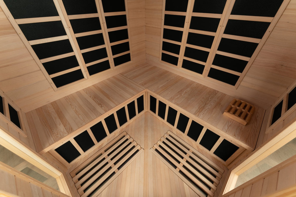 Blisspod Vienna 4-5 Person Corner Far Infrared Sauna with 12 Low-EMF Carbon Heaters, Canadian Hemlock