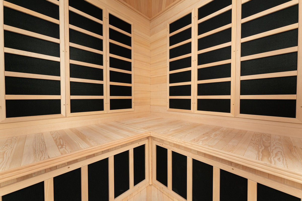 Blisspod Vienna 4-5 Person Corner Far Infrared Sauna with 12 Low-EMF Carbon Heaters, Canadian Hemlock