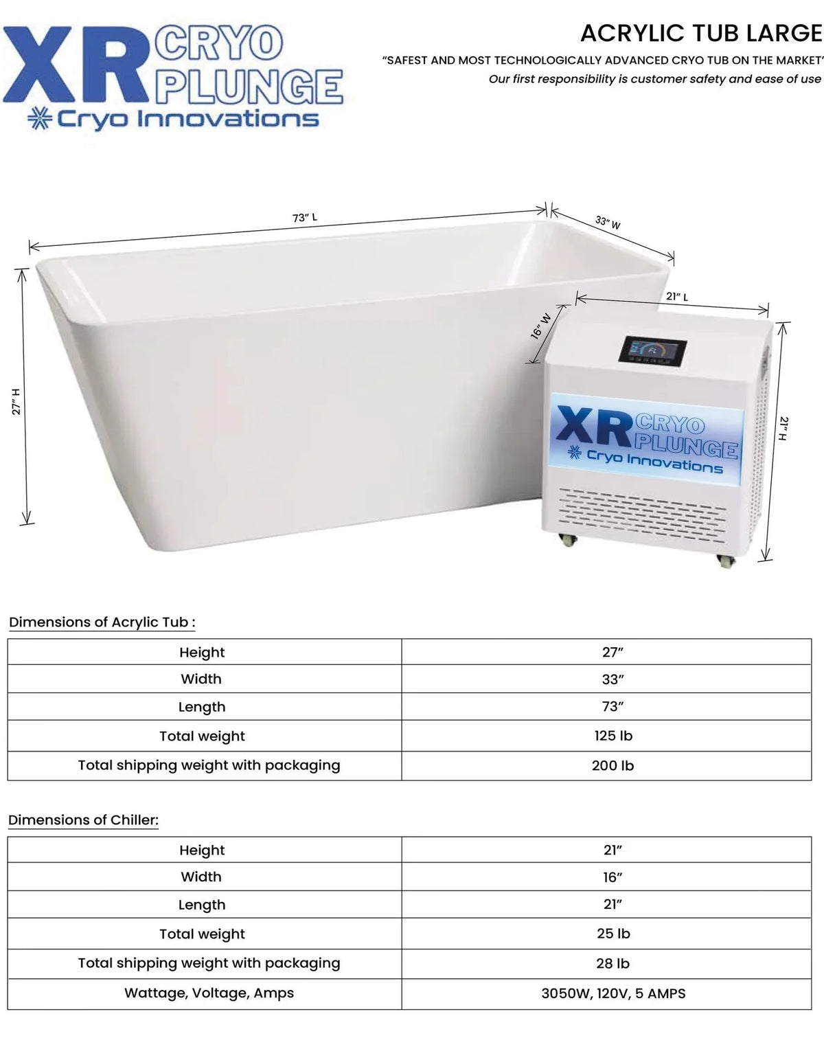 XR Cryo Plunge Acrylic Tub with 2025 Chiller/Heater — Cold and Hot, Two Sizes
