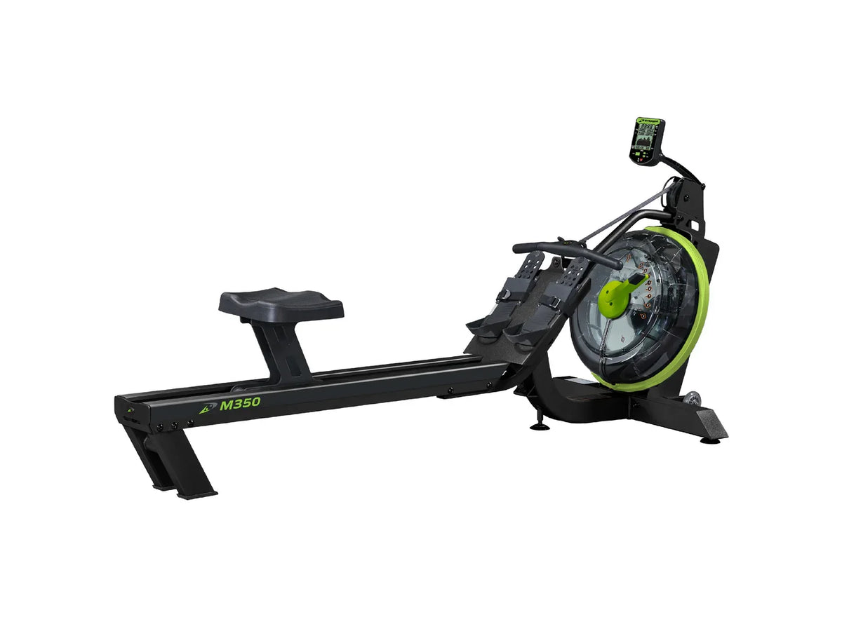 Dynamic Fluid Fitness M350 Commercial Water Rowing Machine, 10-Level Angled Twin Tank, Bluetooth Monitor, Elevated Seat, Upright Storage, 330 lb