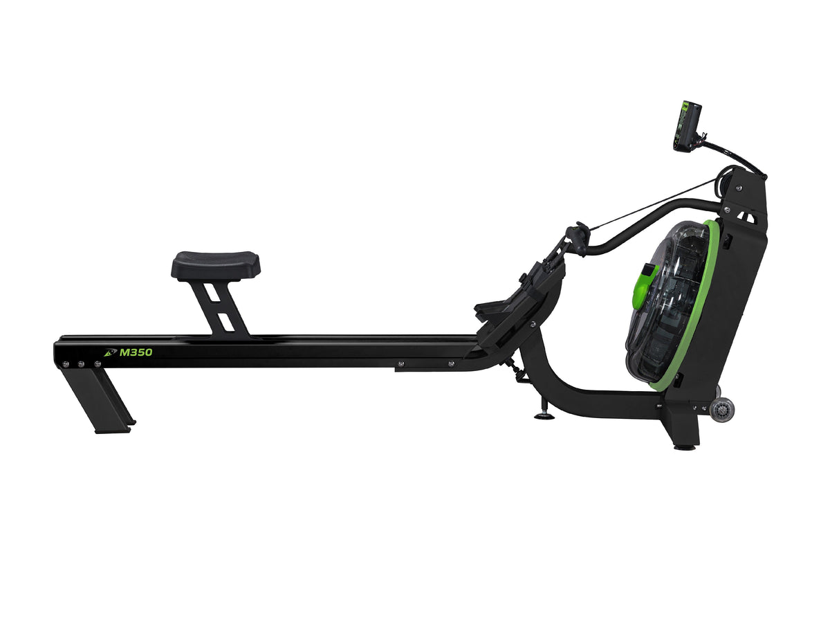 Dynamic Fluid Fitness M350 Commercial Water Rowing Machine, 10-Level Angled Twin Tank, Bluetooth Monitor, Elevated Seat, Upright Storage, 330 lb