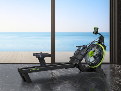 Dynamic Fluid Fitness M350 Commercial Water Rowing Machine, 10-Level Angled Twin Tank, Bluetooth Monitor, Elevated Seat, Upright Storage, 330 lb