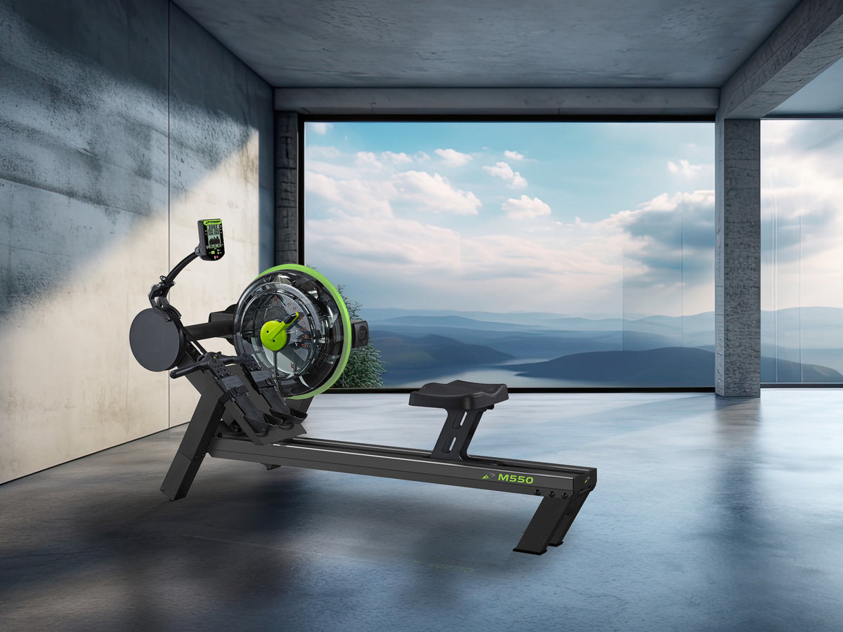 Dynamic Fluid Fitness M550 Commercial Water Rowing Machine, 10-Level Side-Mounted Twin Tank, Bluetooth Monitor, Elevated Seat, 330 lb Capacity