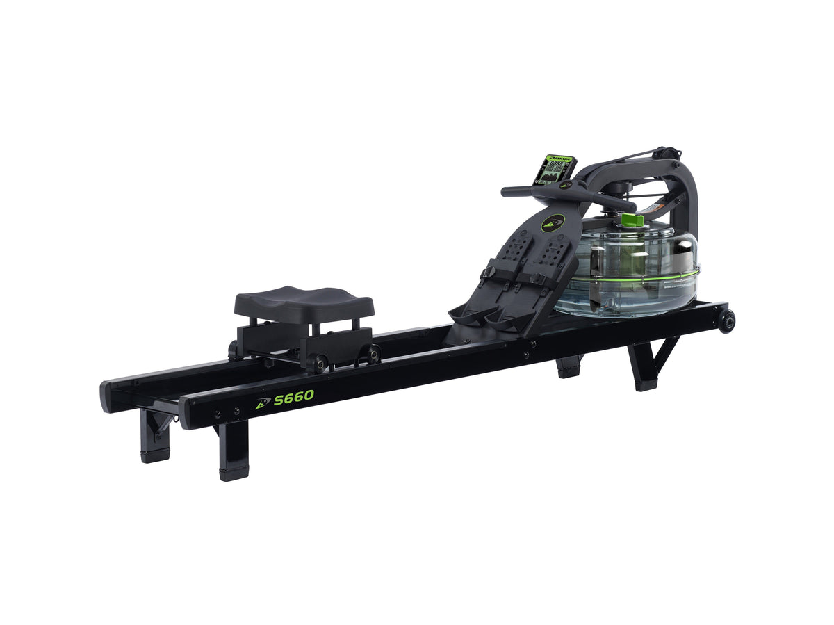 Dynamic Fluid Fitness S660 Forge Water Rowing Machine, 5-Level Twin Tank Fluid Resistance, Bluetooth Performance Monitor, Belt Drive, 330 lb Capacity