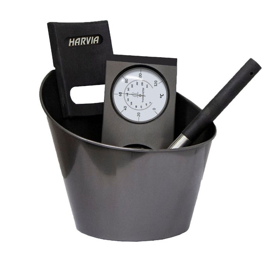 Harvia SA007 Deluxe Black Steel Bucket, Ladle, & Thermometer/Hydrometer Set