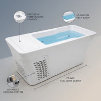 Hot Cold Plunge Tub Built for Recovery Therapy, 61 Gallon Capacity, Advanced Cooling Technology, 77 Inch Length — infographic