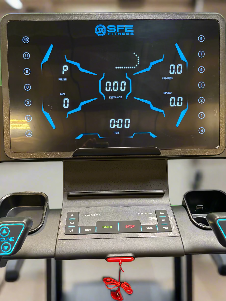 SFE Commercial Pro Treadmill – 64" × 24" Deck, 20% Incline, −3% Decline