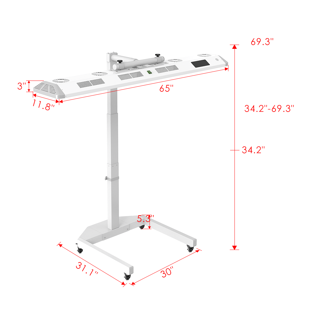 Renew Red Light The Panorama Panel, 7-Wavelength Red, Near-Infrared and Blue LED Panel, 480 x 5 W LEDs, 450–850 nm, 64.3 x 11.8 in. with 360-Degree Rotating Electric-Lift Floor Stand, Touchscreen and Voice Control