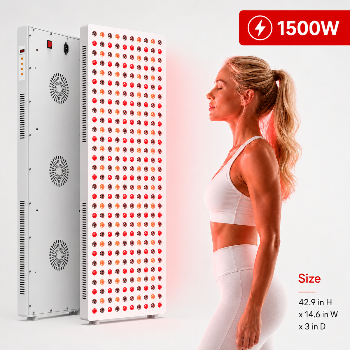 iReliev 1500W Red and Near-Infrared LED Light Panel, 300 LEDs, 5 Wavelengths 630/660/810/830/850 nm, 43 x 14.6 in. Full-Body Panel with Timer, Door Hooks and Hanging Kit