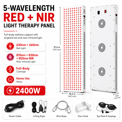 iReliev 2400W Red and Near-Infrared LED Light Panel, 480 Multi-Chip LEDs, 5 Wavelengths 630/660/810/830/850 nm, 53.9 x 21.7 in. Full-Body Panel with Timer, Door Hooks and Hanging Kit