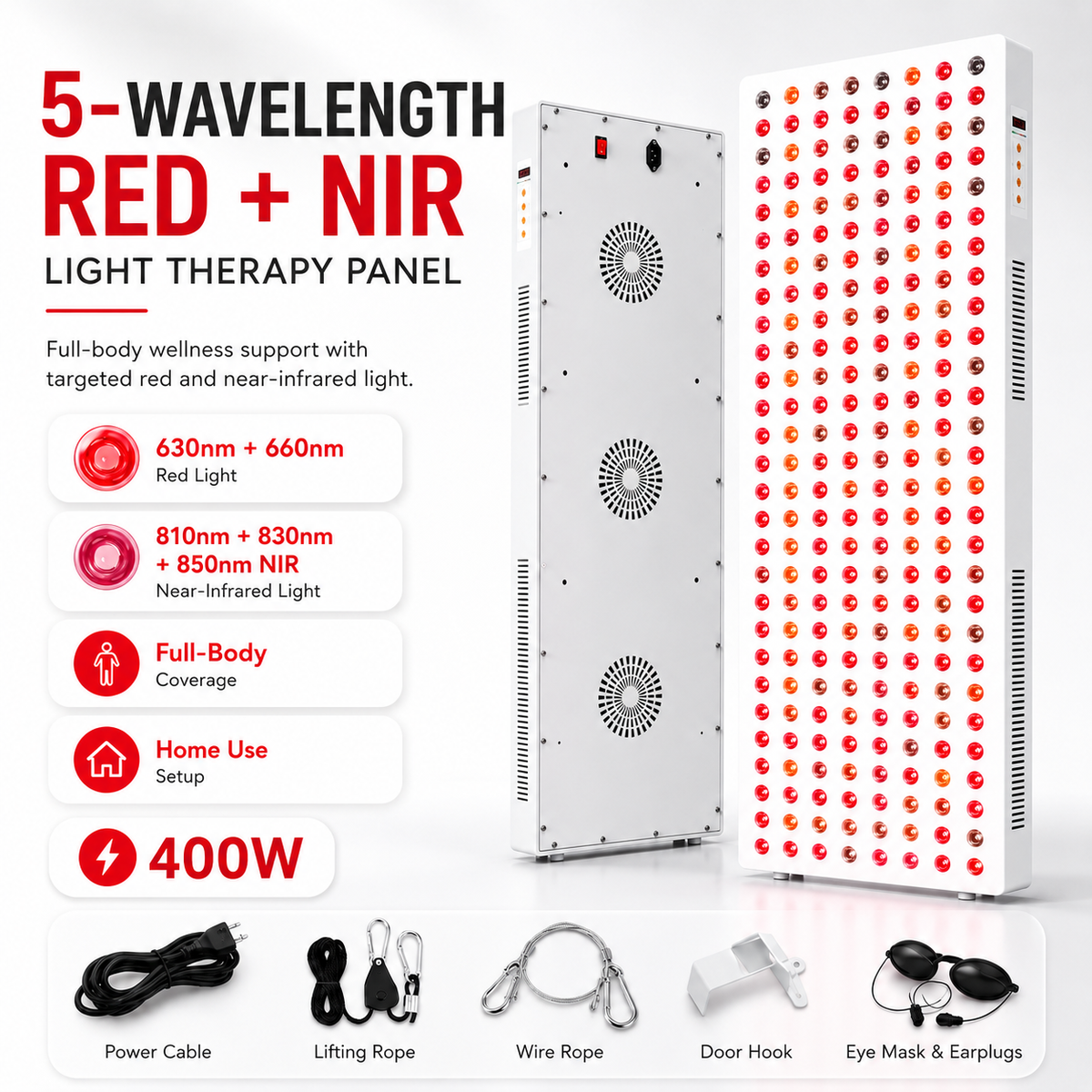iReliev 1500W Red and Near-Infrared LED Light Panel, 300 LEDs, 5 Wavelengths 630/660/810/830/850 nm, 43 x 14.6 in. Full-Body Panel with Timer, Door Hooks and Hanging Kit