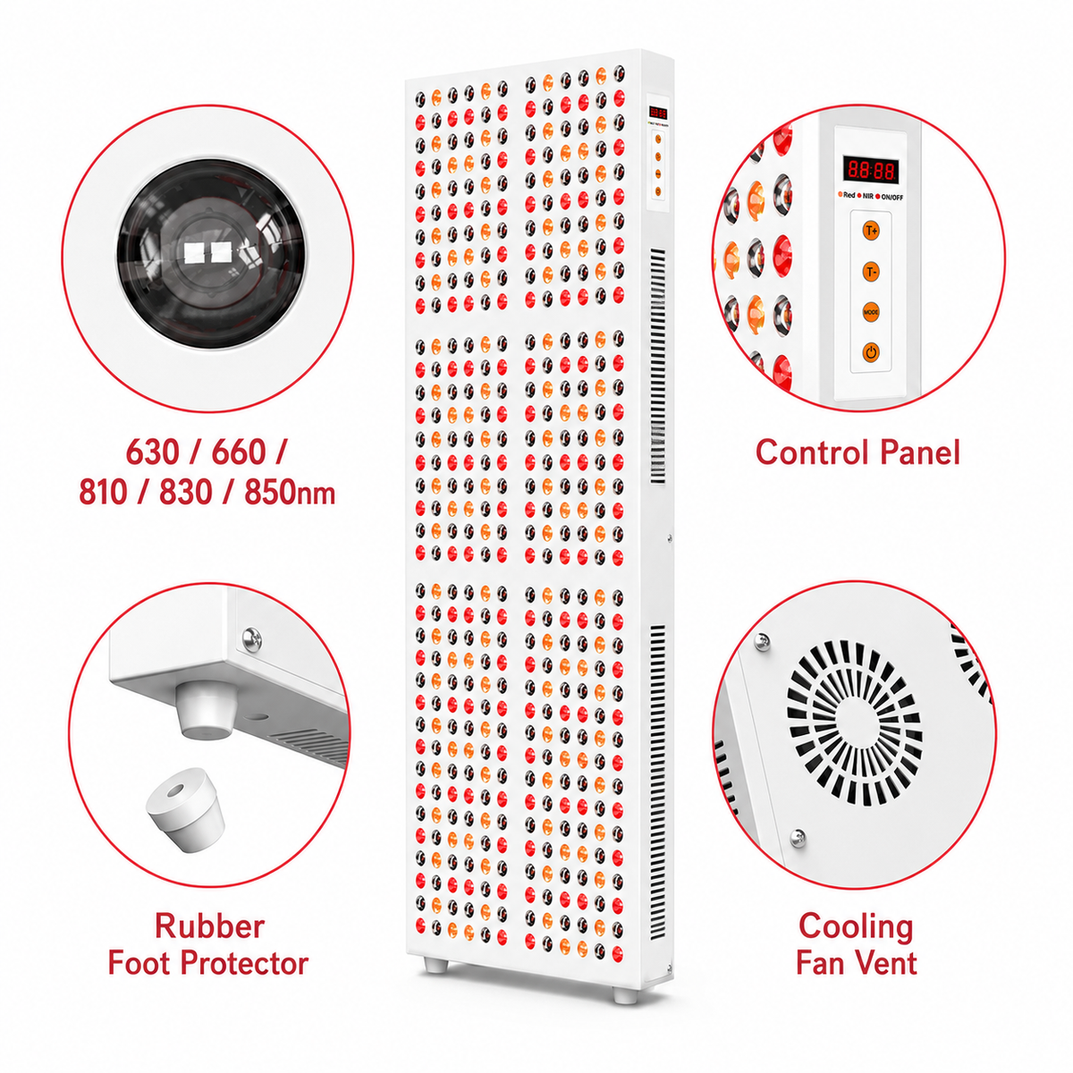 iReliev 2400W Red and Near-Infrared LED Light Panel, 480 Multi-Chip LEDs, 5 Wavelengths 630/660/810/830/850 nm, 53.9 x 21.7 in. Full-Body Panel with Timer, Door Hooks and Hanging Kit