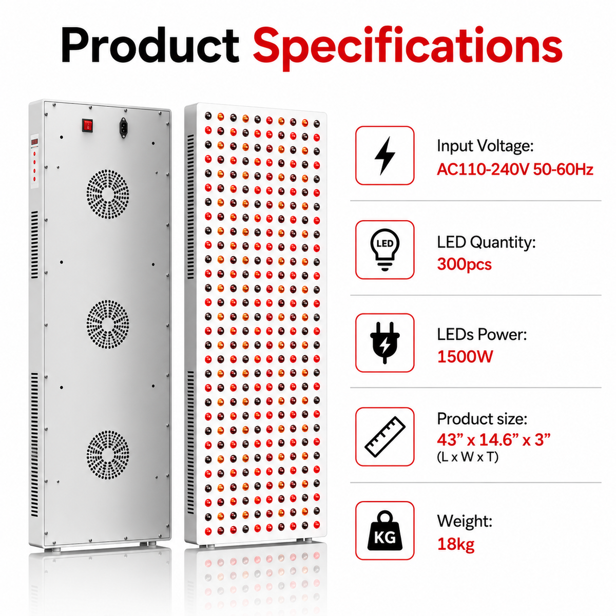 iReliev 1500W Red and Near-Infrared LED Light Panel, 300 LEDs, 5 Wavelengths 630/660/810/830/850 nm, 43 x 14.6 in. Full-Body Panel with Timer, Door Hooks and Hanging Kit