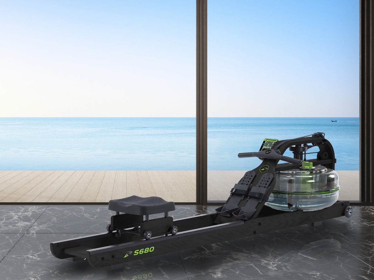 Dynamic Fluid Fitness S680 Timber Water Rowing Machine, American Ash Frame, 5-Level Twin Tank Fluid Resistance, Bluetooth Monitor, Belt Drive, 330 lb