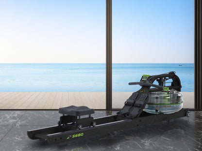 Dynamic Fluid Fitness S680 Timber Water Rowing Machine, American Ash Frame, 5-Level Twin Tank Fluid Resistance, Bluetooth Monitor, Belt Drive, 330 lb