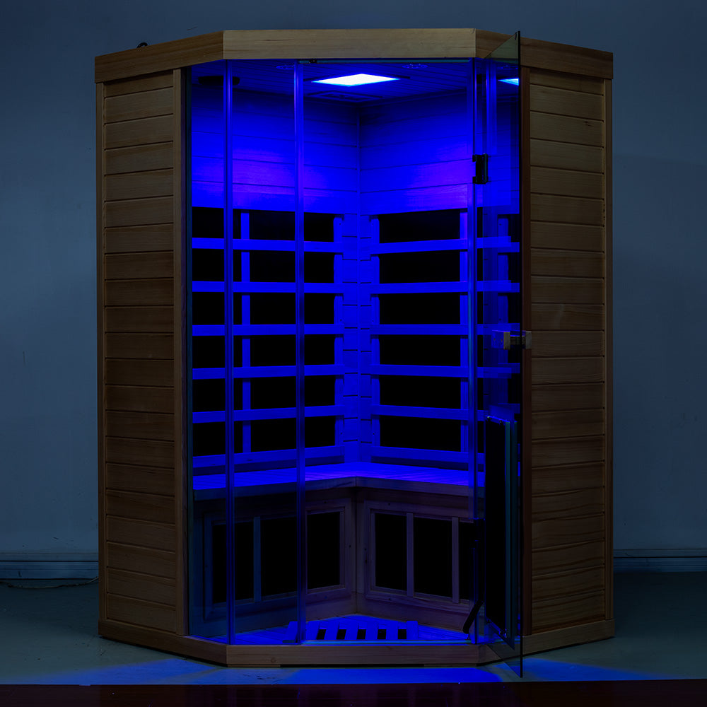 Wizzisauna SR07 2-3 Person Corner Red Cedar Far Infrared Sauna with 8 Carbon Heaters