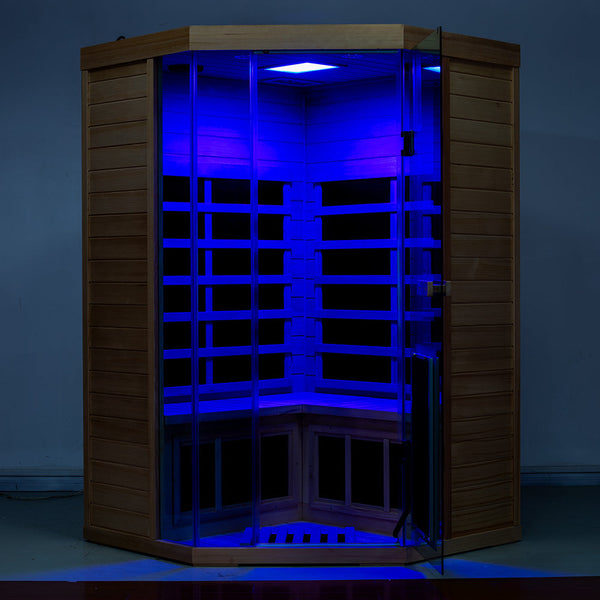 Wizzisauna SR07 2-3 Person Corner Red Cedar Far Infrared Sauna with 8 Carbon Heaters