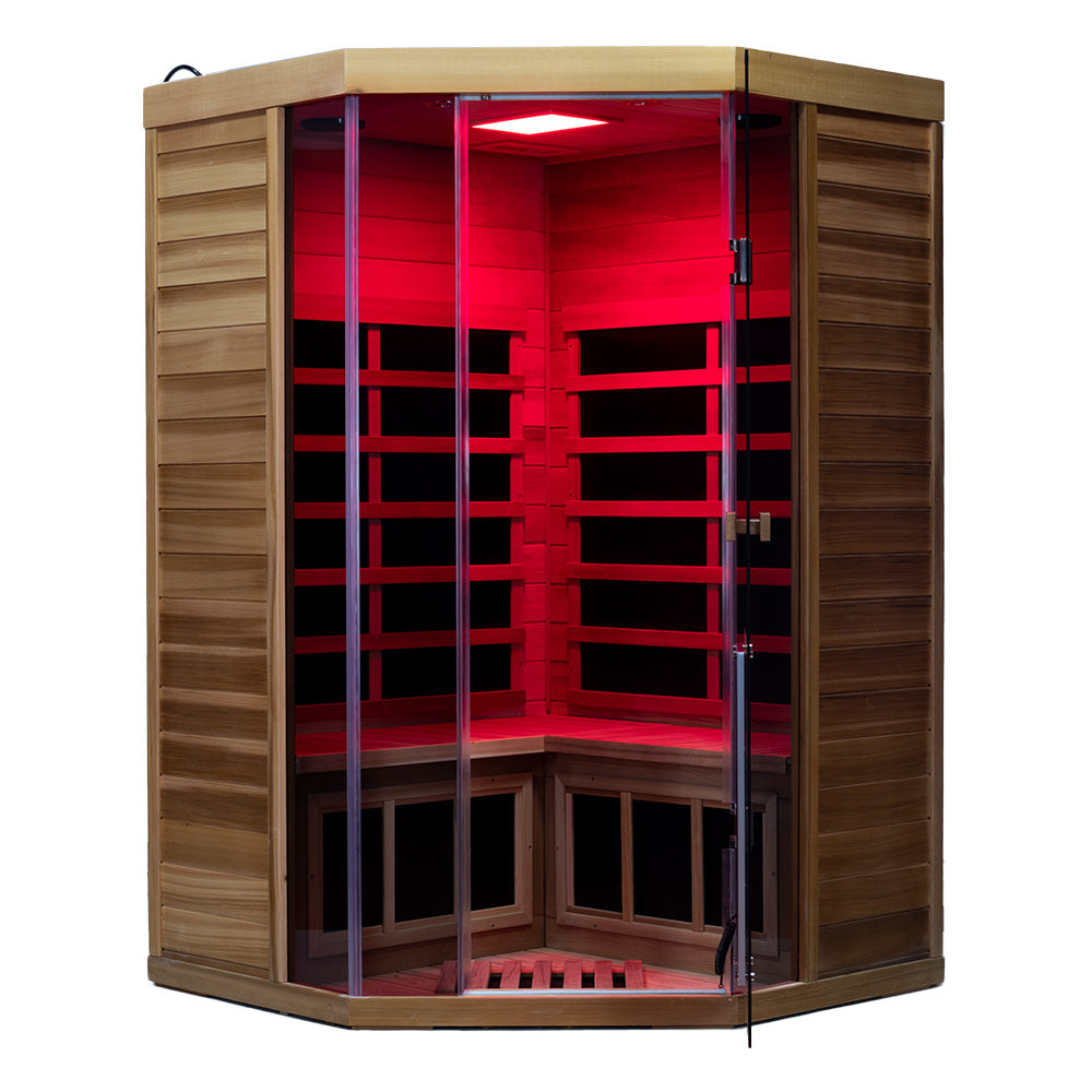Wizzisauna SR07 2-3 Person Corner Red Cedar Far Infrared Sauna with 8 Carbon Heaters