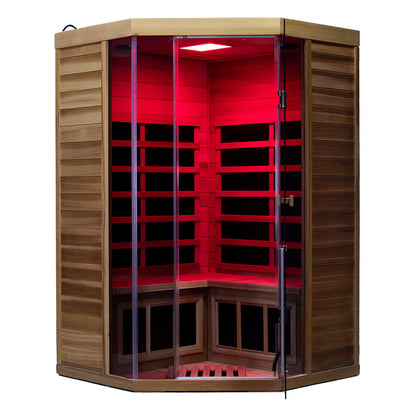 Wizzisauna SR07 2-3 Person Corner Red Cedar Far Infrared Sauna with 8 Carbon Heaters