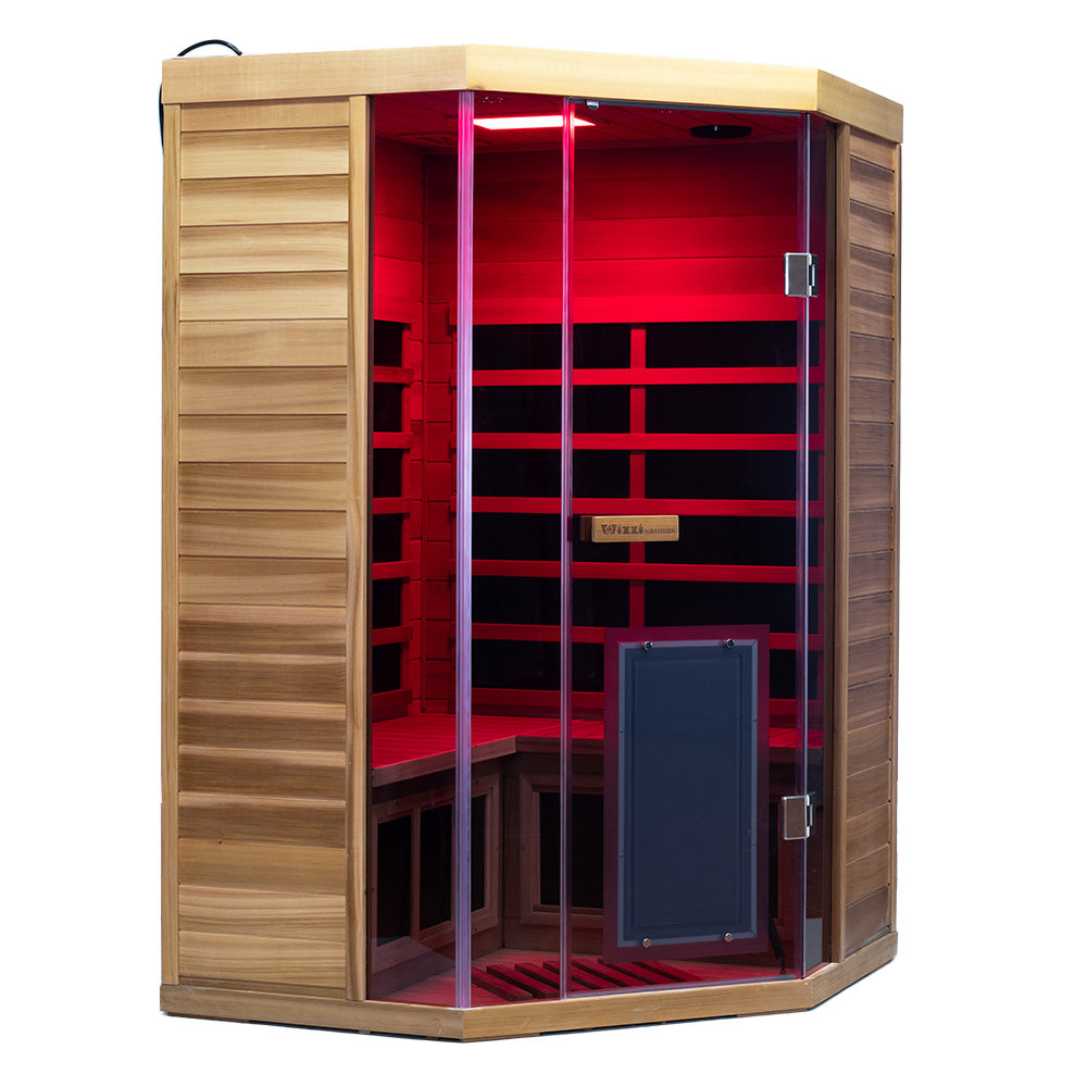 Wizzisauna SR07 2-3 Person Corner Red Cedar Far Infrared Sauna with 8 Carbon Heaters