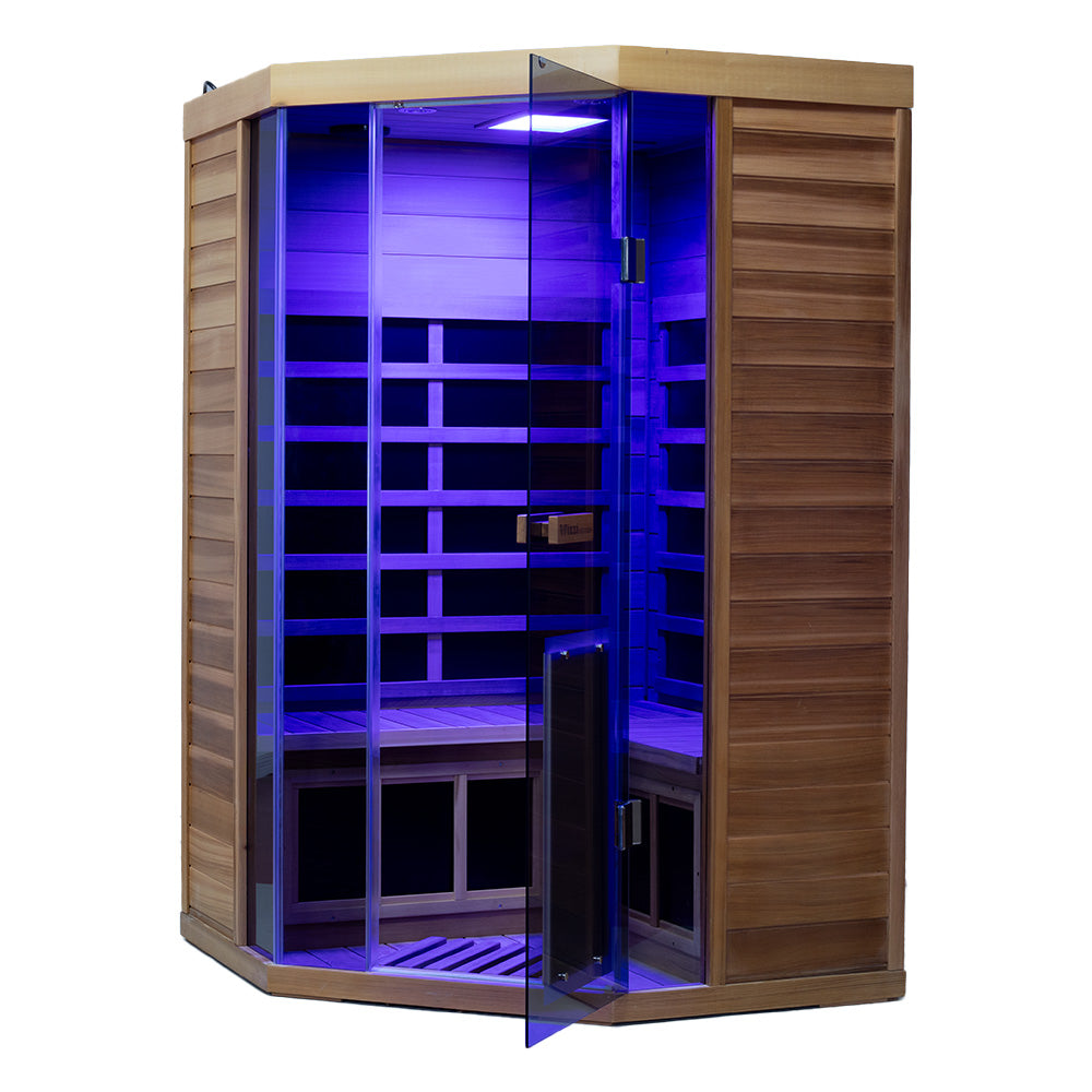 Wizzisauna SR07 2-3 Person Corner Red Cedar Far Infrared Sauna with 8 Carbon Heaters