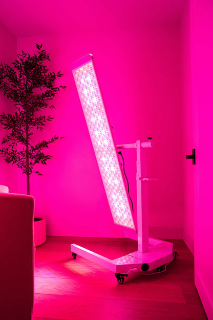 Renew Red Light The Panorama Panel, 7-Wavelength Red, Near-Infrared and Blue LED Panel, 480 x 5 W LEDs, 450–850 nm, 64.3 x 11.8 in. with 360-Degree Rotating Electric-Lift Floor Stand, Touchscreen and Voice Control