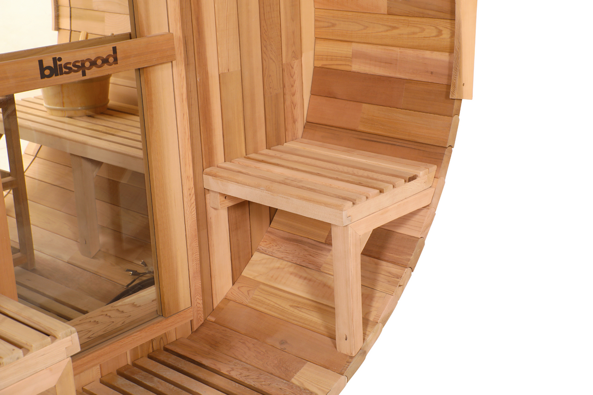 Blisspod Prague Canadian Red Cedar Outdoor Steam Barrel Sauna with Full Glass Back, Front Porch Seating and 6 kW Toule Heater, 70.87 in. Diameter